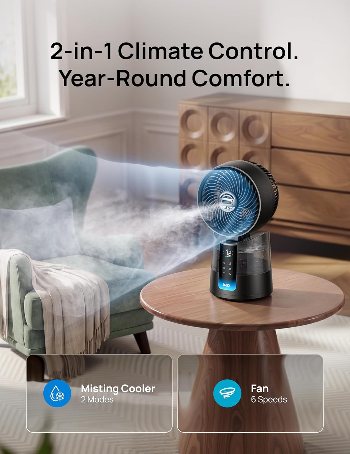 DREO TurboCool Misting Fan 516, 5℉ Drop Cooling Fans that Blow Cold Air | 150°+30° Omni-directional Oscillating, Evaporative air cooler, 26 ft/s Wind, Ultrafine Mist, 20dB, 6 Speeds 2 Modes, White