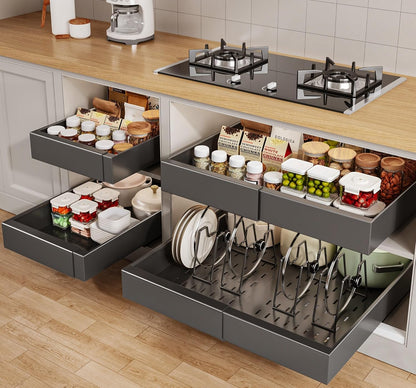 Seinloes 2Pack Pull out Cabinet Organizer 21"Deep with 4 Adjustable Dividers,Expandable（12.1"-20.4"W） Pots and Pans Organizer Under Cabinet with Raising Pad for Framed Cabinets,Slide out Drawers,White