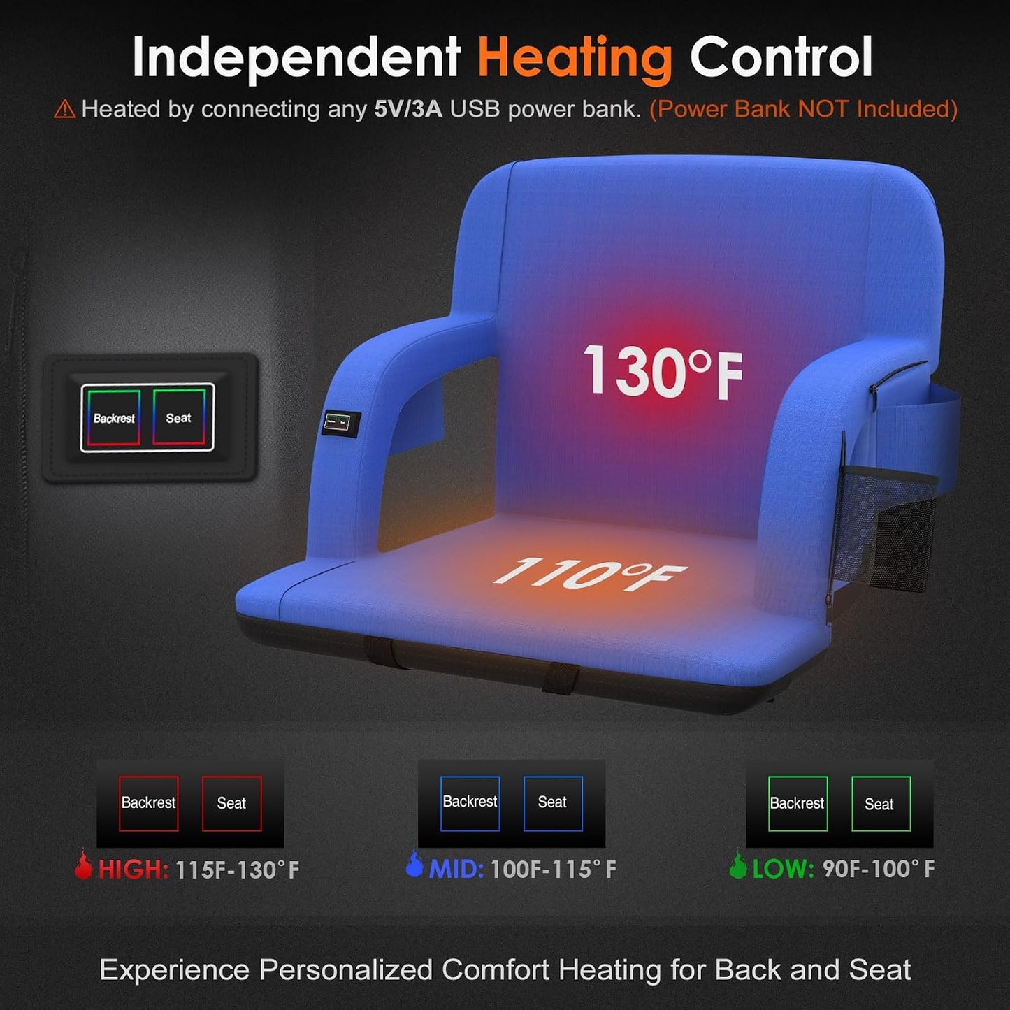 HOPERAN 25in Heated Stadium Seats for Bleachers, Dual Control, 2 PCS, Black | Independent Seat & Back 3 Level Heat (NO Battery), Soft Cushion, 6 Recliner, Anti-Slip, Side Pockets, Backpack Straps