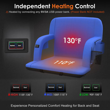 HOPERAN 25in Heated Stadium Seats for Bleachers, Dual Control, 2 PCS, Black | Independent Seat & Back 3 Level Heat (NO Battery), Soft Cushion, 6 Recliner, Anti-Slip, Side Pockets, Backpack Straps