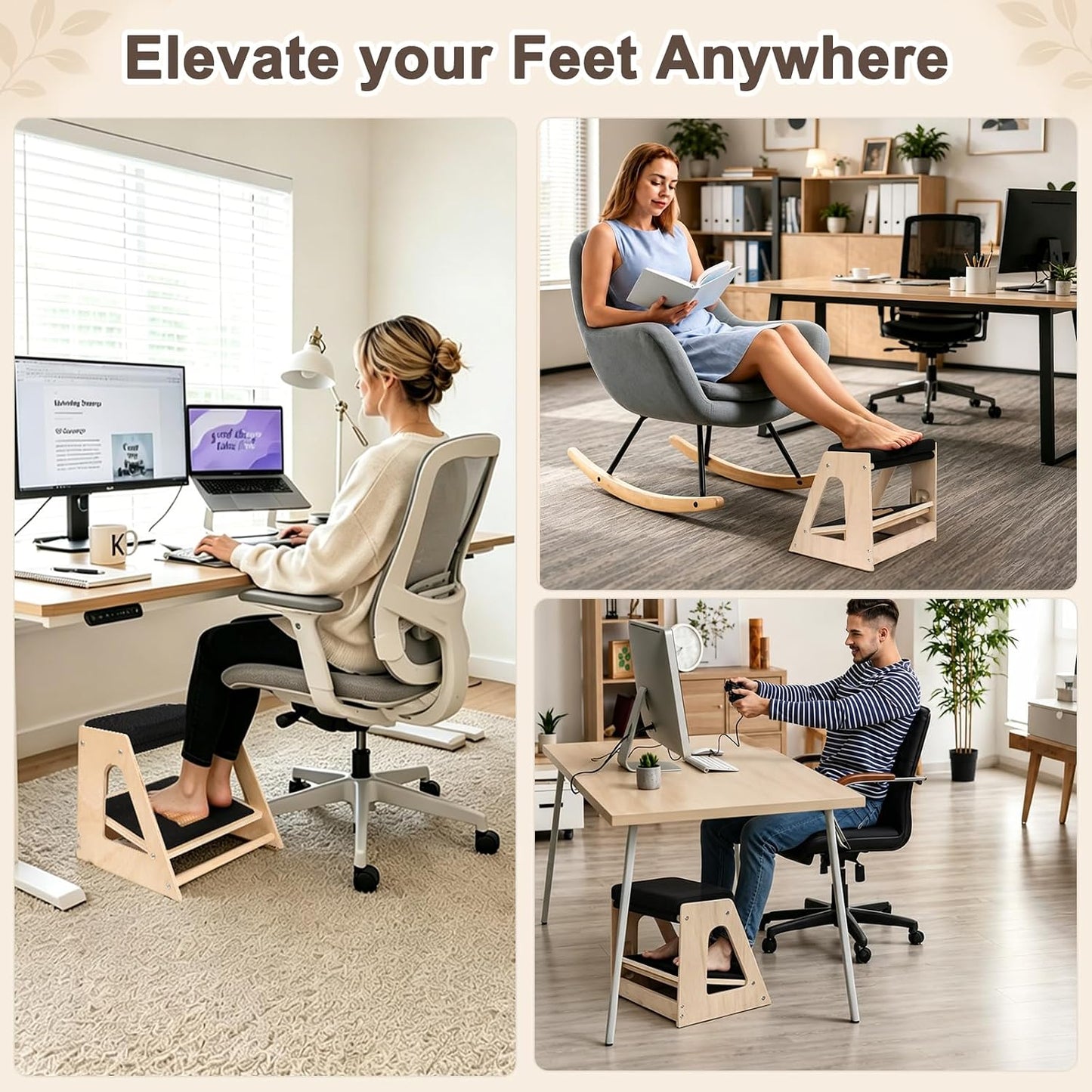 Natheeph Foot Rest Under Desk, Ergonomic Foot Stool with Massage, 4 Height | Top Padded Footrest + 3 Height Settings Massage Board, Desk Foot Rest for Office, Gaming, Living Room, Wooden, Non-Slip Base