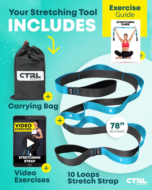 Stretching Strap with Loops, Non Elastic Stretch Band for Physical Therapy | Video Exercises Included - Yoga Strap for Stretching Equipment and Flexibility
