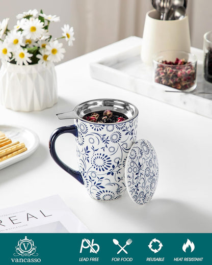 vancasso SELENE Porcelain Tea Mug, 18 oz Porcelain Tea Cup with Infuser and Lid Steeps Loose Leaf Tea, Microwave & Dishwasher Safe, Five-Leaf Clover