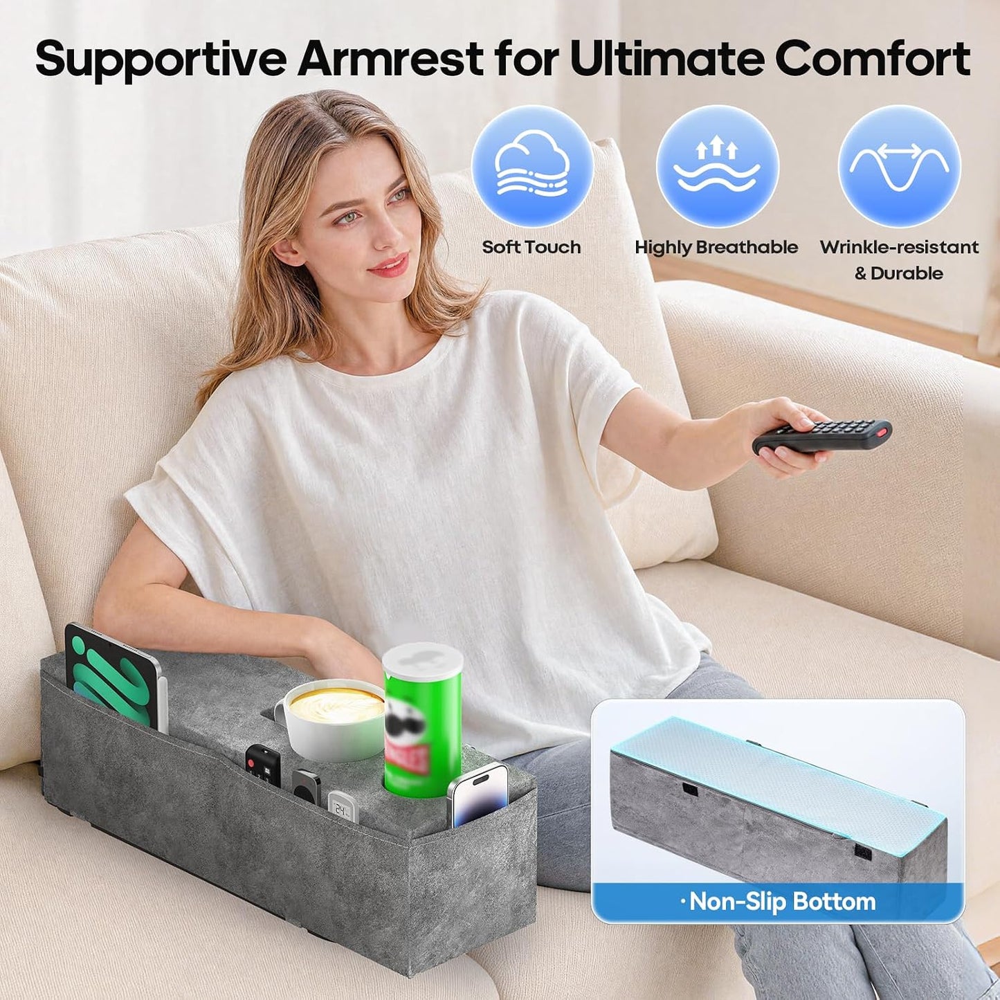 Removable Sofa Armrest Couch Caddy with Cup Holder Insert Between Cushions | Sofa Accessories Storage, Couch Armrest Pillow Table with Drink Holder