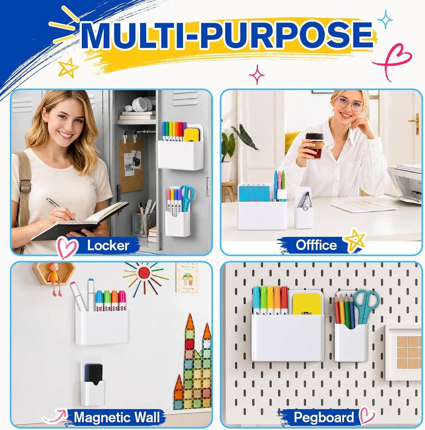 Magnetic Pen Holder, Magnetic Marker Holder, 4 Pack, White | Magnetic Cups for Dry Erase Markers, Pen Organizer for Whiteboard, Refrigerator, Locker, Cruise, Classroom, Office, School