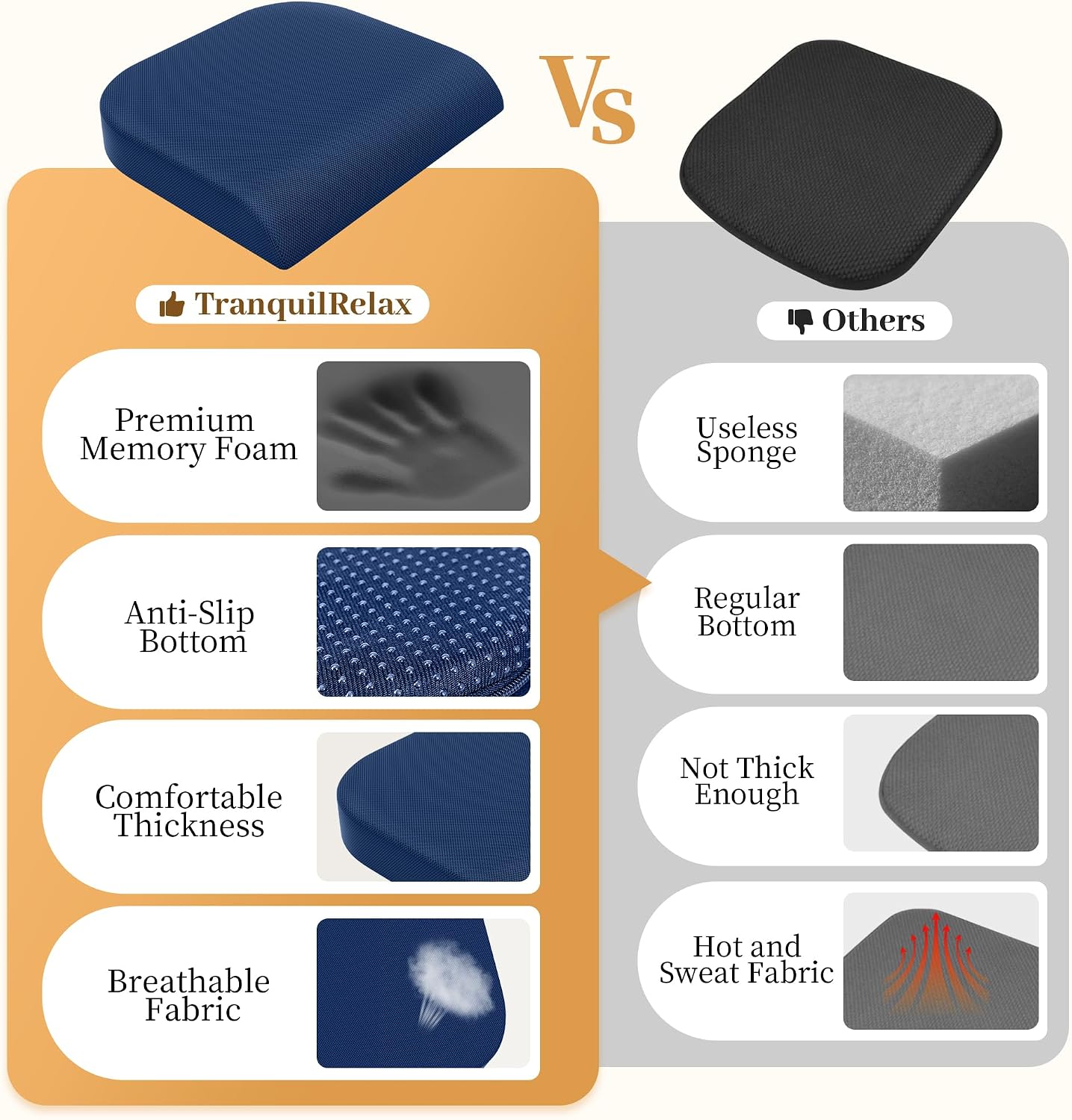 TranquilRelax Memory Foam Seat Cushion for Office Chair, 3-Inch, Black | Medium-firm Support for Long Sitting, Washable Mesh Cover, Non-slip Base, Perfect for Car Seats & Short Drivers
