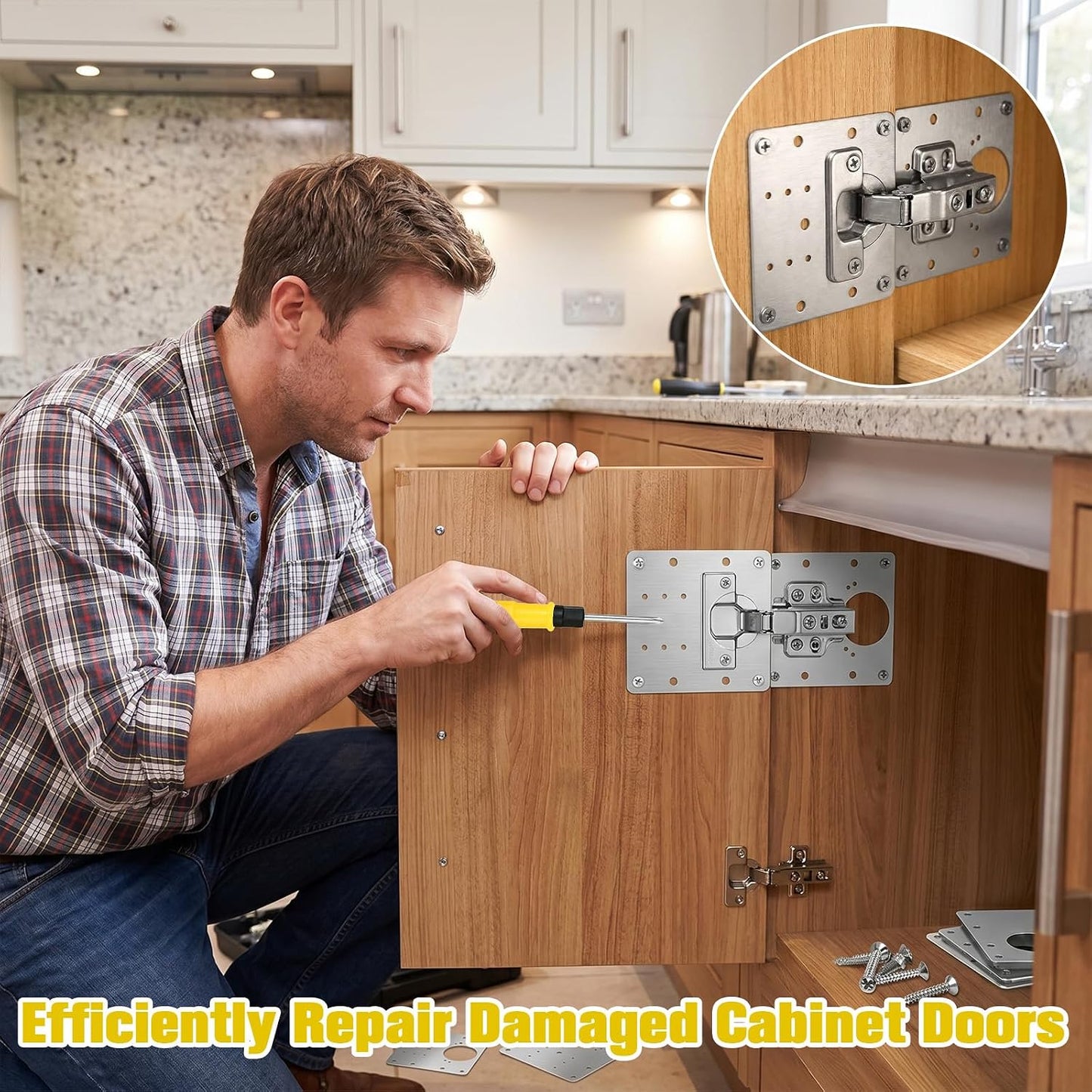 20 Pcs Stainless Steel Cabinet Hinge Repair Plate, 90x90mm Door Hinge Mounting Plate with 120 Screws and 1 Screwdriver, Hinges Repair Fixing Plates for Kitchen Cupboard Doors & Furniture