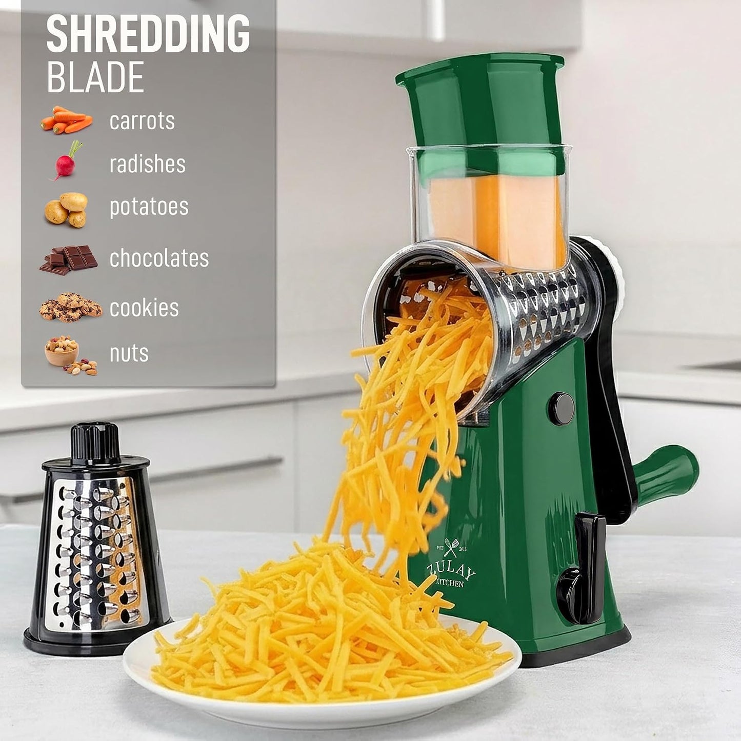 Zulay Kitchen Rotary Cheese Grater 5 Blade Cheese Shredder - Manual Hand Crank Cheese Grater With Reinforced Suction & 5 Interchangeable Drums - Easy to Use, Vegetable Chopper Round Mandoline Slicer - Colors B