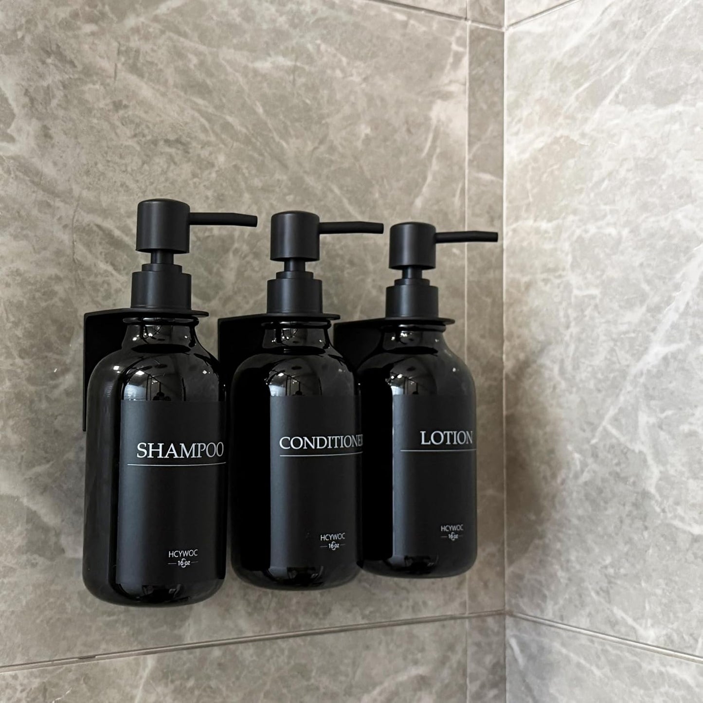 3 Pack Wall Mount Shower Dispenser, No Drill, 16 Waterproof Labels | Shampoo Dispenser for Shower Wall, Shampoo and Conditioner Dispenser, Bathroom, 17oz, Gold Amber
