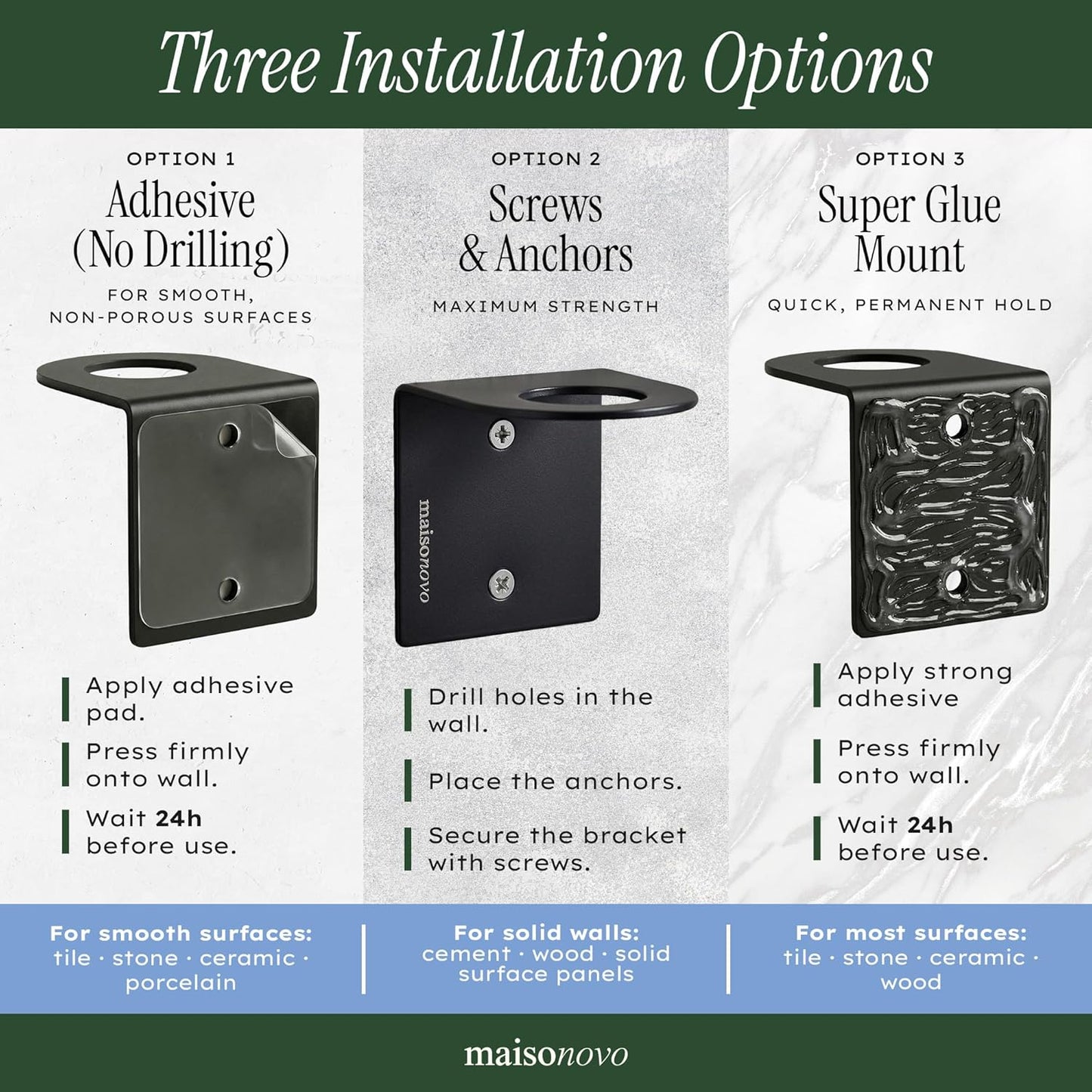 MaisoNovo Shampoo and Conditioner Dispenser|Refillable Black Set of 3 | 500 ml Shower Gel Dispenser Set of 3. Refillable Shampoo and Conditioner Bottles. Drill Free Secure Design. Black
