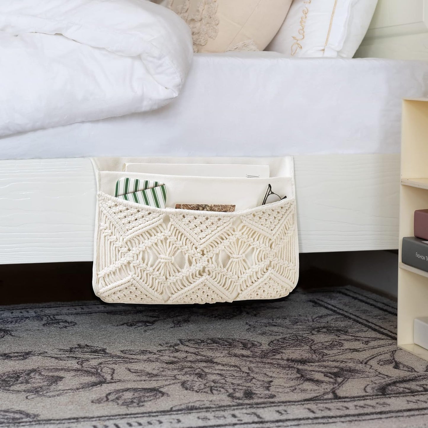 Mkono Macrame Bedside Caddy, Boho Bed Storage Organizer, 4 Pockets Ivory | Dorm Room Bed Caddy, Home Decor, Remote Control Magazine Glasses, Bedroom Living Room, Non-Slip, Space Saving Holder
