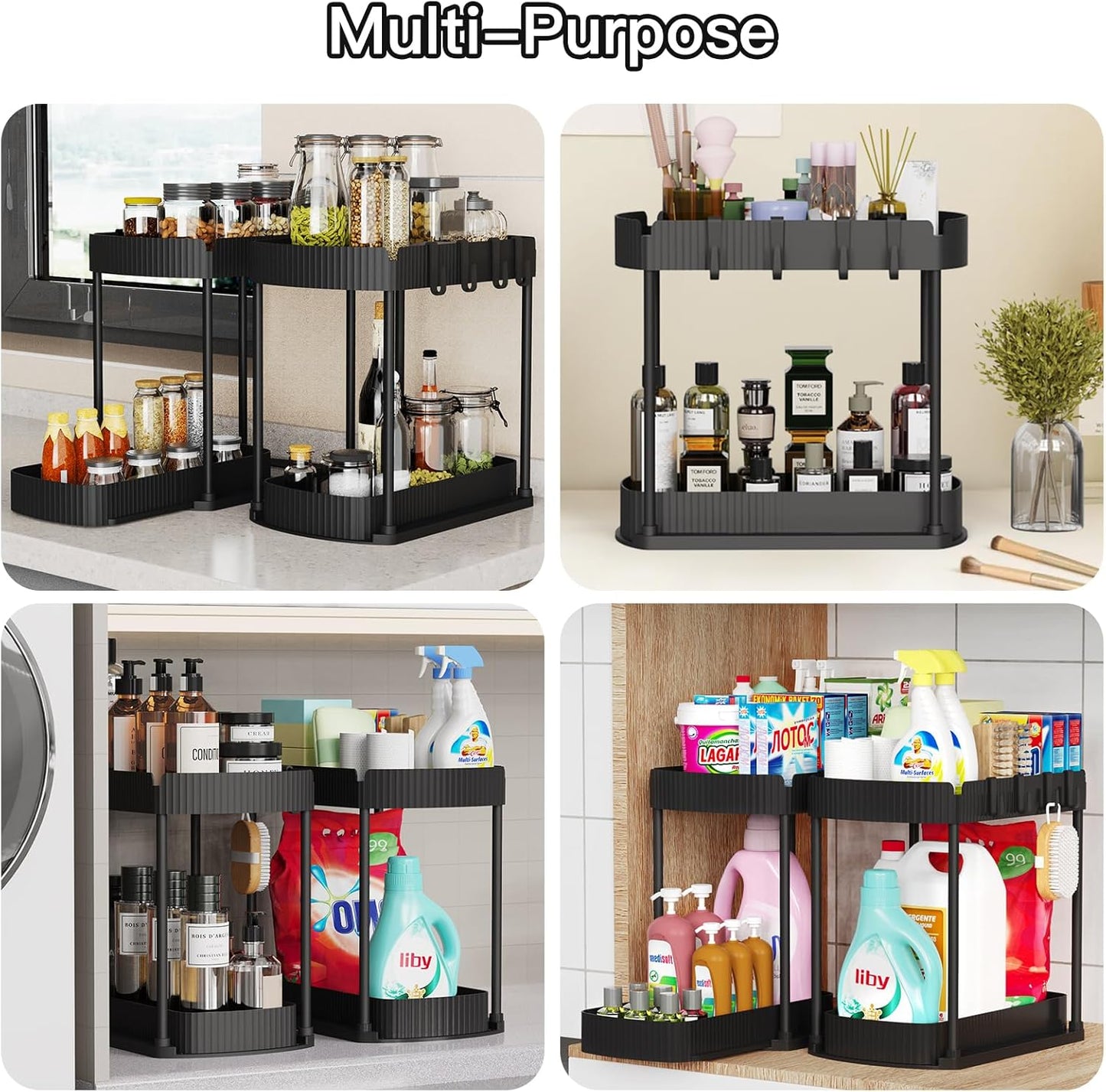 2 Packs Under Sink Pull-Out Storage Organizers, 12.8 Inches, Black | Multi-Purpose Cabinet Organizers and Storage for Bathroom & Kitchen