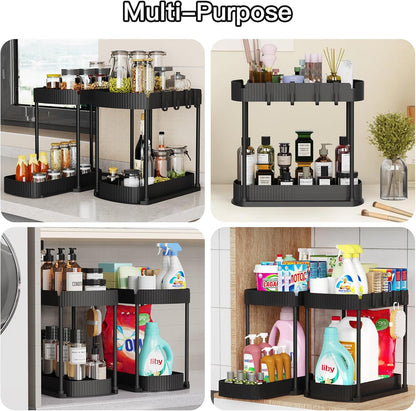 2 Packs Under Sink Pull-Out Storage Organizers, 12.8 Inches, Black | Multi-Purpose Cabinet Organizers and Storage for Bathroom & Kitchen