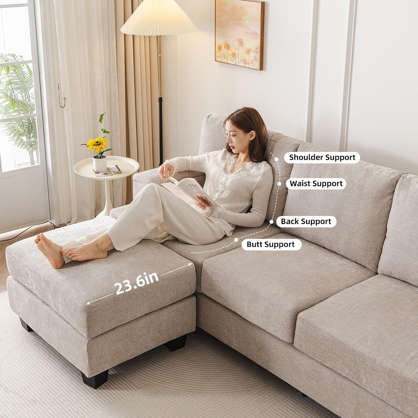 85'' L Shaped Couch with Armrest Organizer,Sectional,Movable Ottoman,Khaki | Comfy Sectional Sofa with Thick Cushion,3 Seats Sofas,Sectional Couches for Living Room,Bedroom,Apartment,Chenille