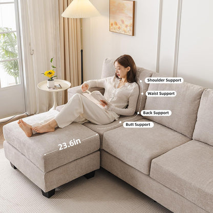 85'' L Shaped Couch with Armrest Organizer,Sectional,Movable Ottoman,Khaki | Comfy Sectional Sofa with Thick Cushion,3 Seats Sofas,Sectional Couches for Living Room,Bedroom,Apartment,Chenille
