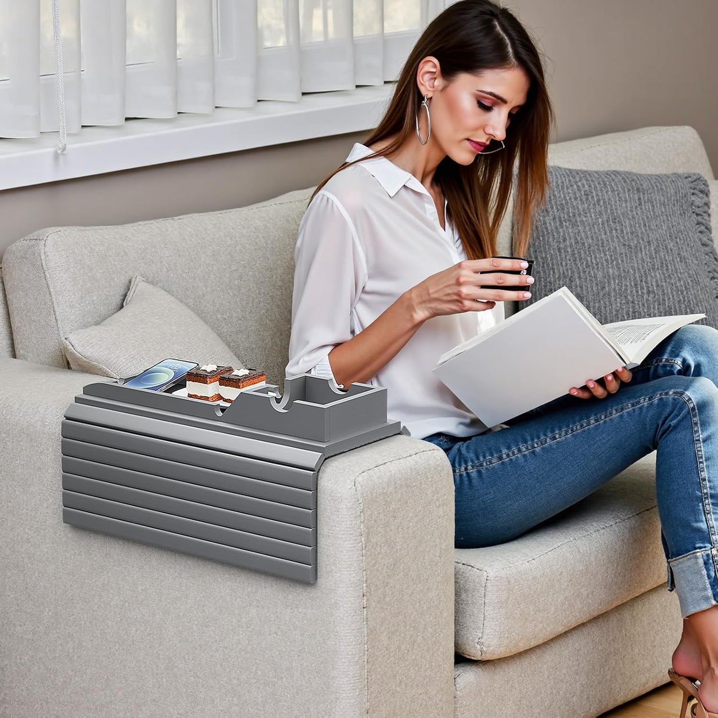 Bestjing Bamboo Sofa Armrest Tray - Couch Arm Tray with Detachable Couch Cup Holder - 2 in 1 Anti-Slip Foldable Sofa Armchair Caddy Table for Drinks Cellphone TV Remote Snacks