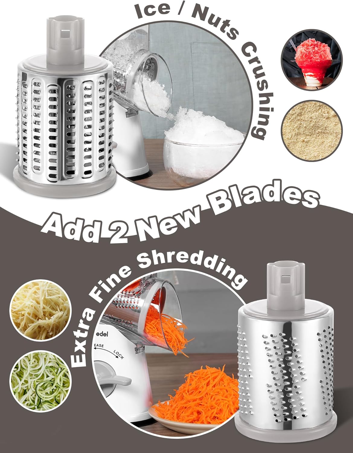 Geedel Rotary Cheese Grater, Kitchen Mandoline Vegetable Slicer with 3 Interchangeable Blades, Easy to Clean Rotary Grater Slicer for Fruit, Vegetables, Nuts | 3 Blades, 430 Stainless Steel, 12x Fast Cutting, Strong Suction Base, No BPA, Dishwasher Safe,