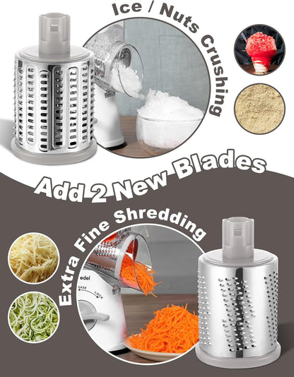 Geedel Rotary Cheese Grater, Kitchen Mandoline Vegetable Slicer with 3 Interchangeable Blades, Easy to Clean Rotary Grater Slicer for Fruit, Vegetables, Nuts | 3 Blades, 430 Stainless Steel, 12x Fast Cutting, Strong Suction Base, No BPA, Dishwasher Safe,