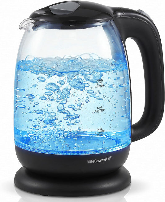 Elite Gourmet EKT1792M 1.7L Glass Kettle, Blue LED, Rapid Boil, 7.2 Cups | Auto Shut-Off, Boil-Dry Protection, 360° Cordless Base, Hot Water for Tea, Coffee & Oatmeal