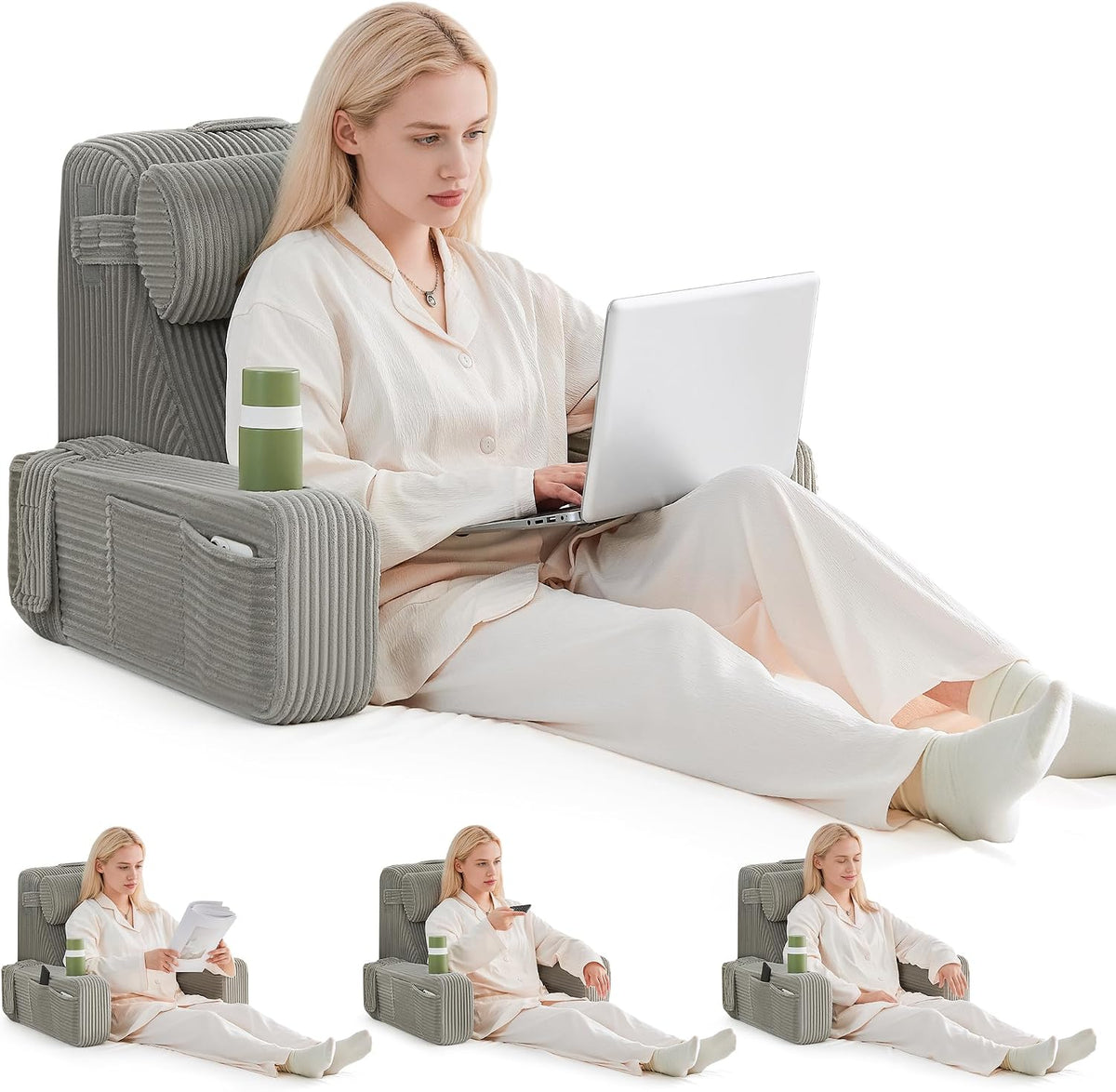 Reading Pillow for Sitting in Bed Adult, Back Pillow for Bed Sitting up with Arms, Pockets and Cup holder, Sit Up Backrest Pillows for Beds Chair Support, Rest Pillow for Gaming (Light gray)