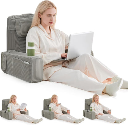 Reading Pillow for Sitting in Bed Adult, Back Pillow for Bed Sitting up with Arms, Pockets and Cup holder, Sit Up Backrest Pillows for Beds Chair Support, Rest Pillow for Gaming (Light gray)