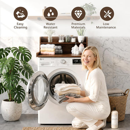 2-Tier Washer Dryer Countertop with Shelves & Metal Hooks, 27" W x 27.5" D Large Laundry Topper for Room Organization & Folding Clothes & Storage(Oak)