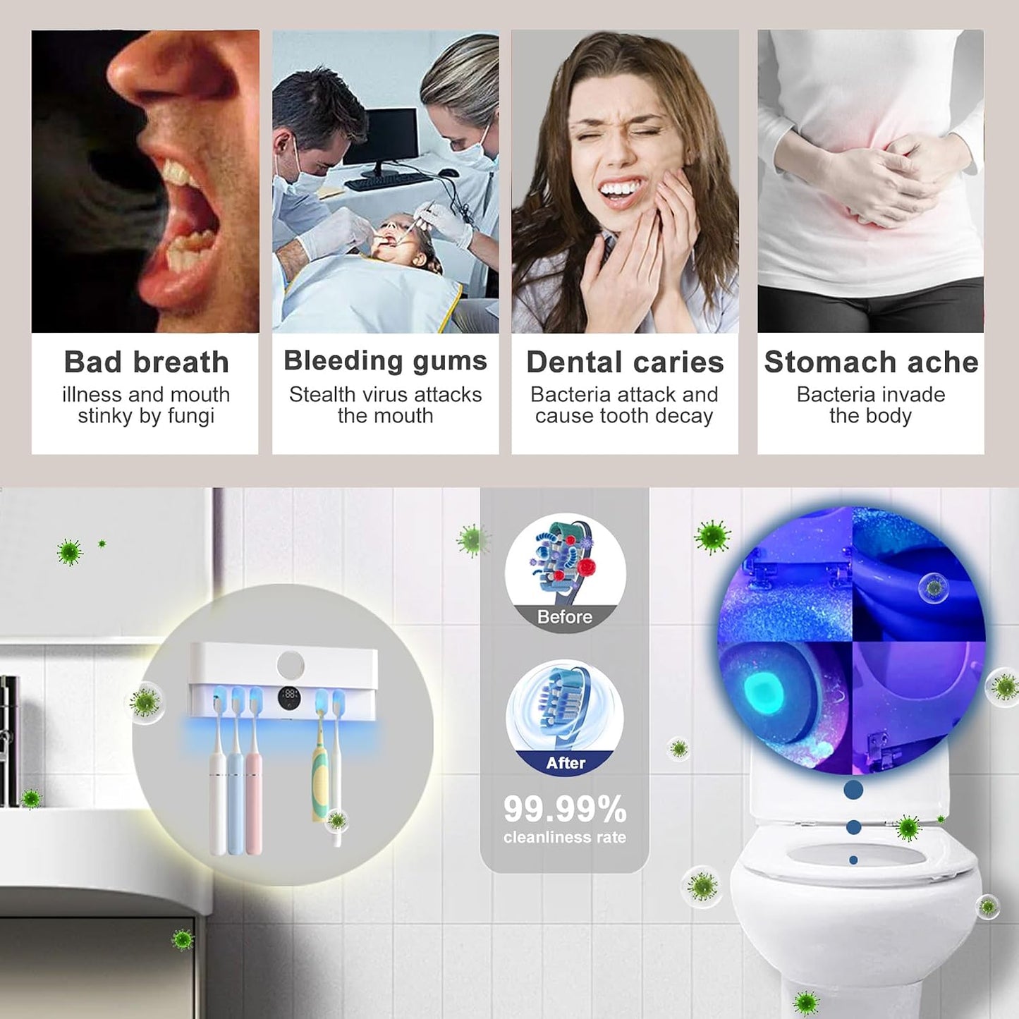 Toothbrush Holder and Cleaner Razor Holder and Dryer Auto Open/Close Cover Rechargeable Wall-Mounted Suitable for Most Toothbrushs