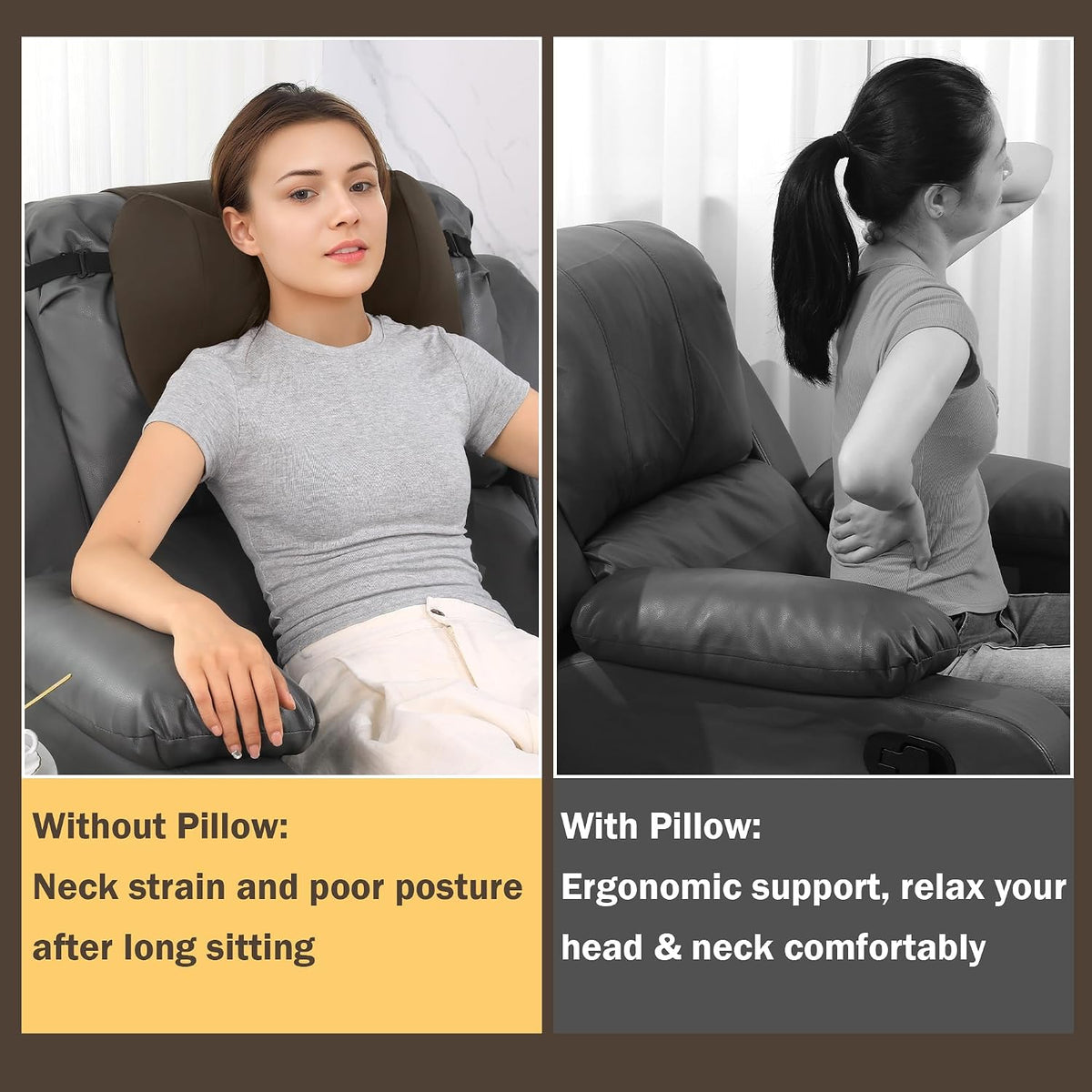 MABOZOO Neck Pillows for Recliner, Memory Foam Headrest Pillow with Non-Slip Backing and Elastic Straps, Recliner Neck Pillow for Pain Relief and Side Sleeping (Brown)
