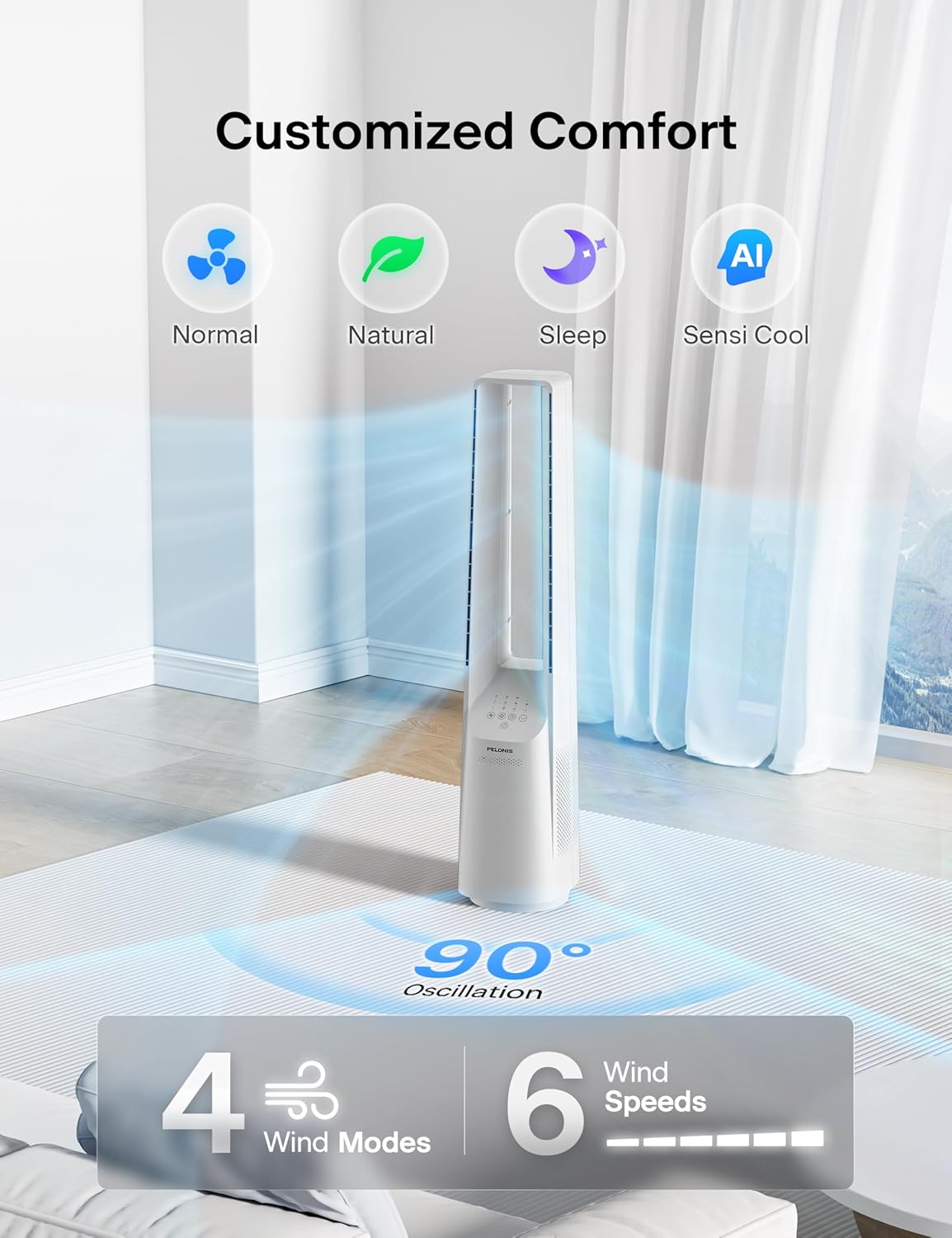 PELONIS 40" 90° Oscillation Bladeless Fan for Bedroom with Remote, White | Bladeless Cooling Tower Fan with 6 Speeds, 4 Modes, 26 ft/s, Brushless DC Motor, Quiet 22dB, 7-Hr Timer for Home, Office Use