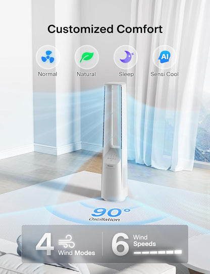 PELONIS 40" 90° Oscillation Bladeless Fan for Bedroom with Remote, White | Bladeless Cooling Tower Fan with 6 Speeds, 4 Modes, 26 ft/s, Brushless DC Motor, Quiet 22dB, 7-Hr Timer for Home, Office Use