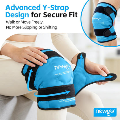 NEWGO Knee Ice Pack Wrap, 360° Full Wrap, Blue | Y-shaped Strap Stays Put, Reusable for Knee Replacement, ACL, Arthritis, Swelling, and Sports Injuries, 21.7" x 9.8"