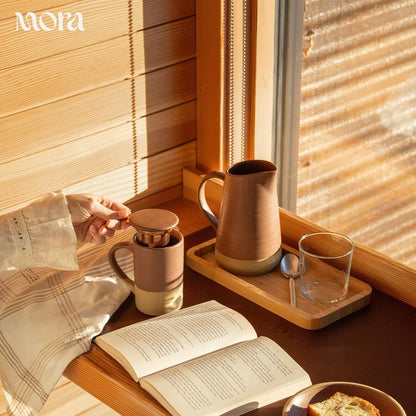 Mora Ceramics Tea Cup with Loose Leaf Infuser, Spoon and Lid, 12 oz, Microwave and Dishwasher Safe Coffee Mug - Rustic Matte Ceramic Glaze, Modern Herbal Tea Strainer - Great Gift for Women, Garnet