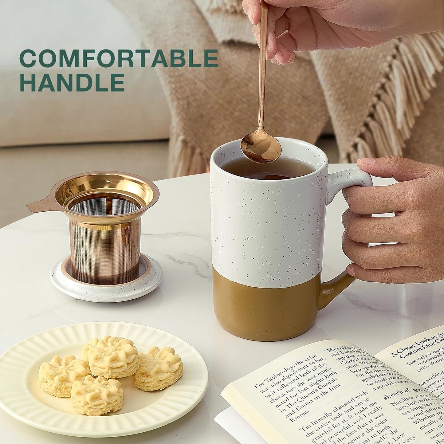 Gencywe Ceramics Large Tea Cup with Loose Leaf Infuser, Spoon and Lid, 16 oz Tall Coffee Mug, Microwave and Dishwasher Safe, Rustic Matte Ceramic Glaze, Tea Strainer, Amber
