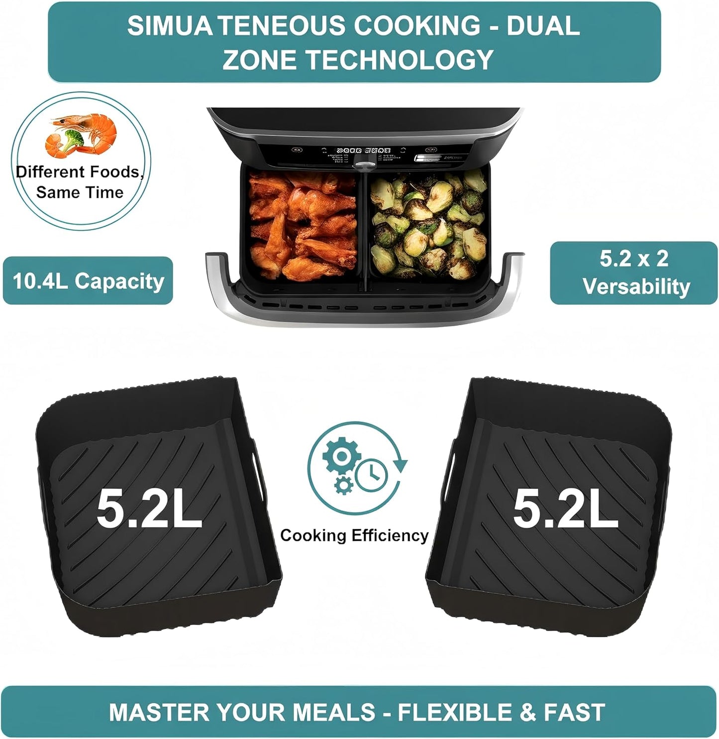 Szyeequoo Silicone Air Fryer Liners 2 Pack for Ninja Dual Zone, 1 Perforated and 1 Solid, Rectangle Reusable Liners for DZ201 DZ401 DZ550 DZ302, COSORI 9QT Instant Chefman Dual Basket Air Fryers
