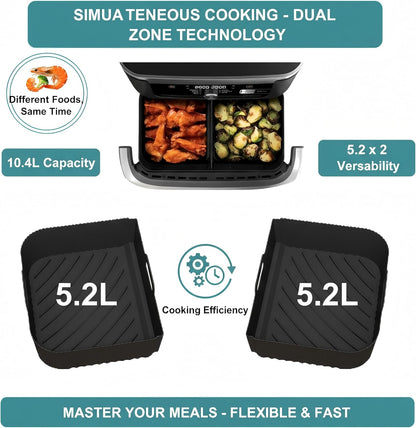 Szyeequoo Silicone Air Fryer Liners 2 Pack for Ninja Dual Zone, 1 Perforated and 1 Solid, Rectangle Reusable Liners for DZ201 DZ401 DZ550 DZ302, COSORI 9QT Instant Chefman Dual Basket Air Fryers