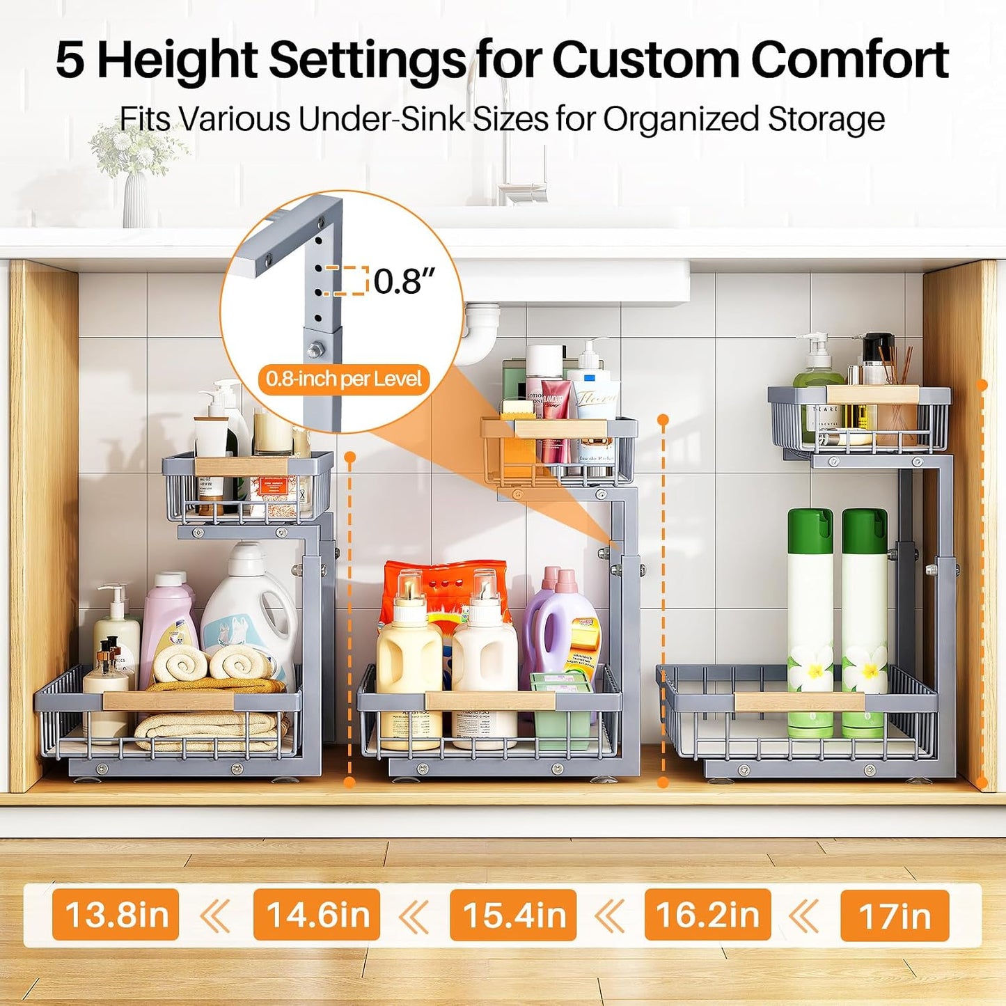 PXRACK Under Sink Organizer, Adjustable Height, 2 Tier Pull Out Under Cabinet Organizer, Slide Out Thickened Metal Under Sink Storage for Kitchen Bathroom Laundry Pantry Cabinet, White, Large-2-Pack