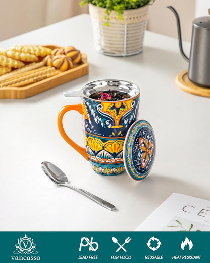 vancasso 18 Oz Tea Infuser Mug with Lid, Mint Petal Whirl | Eye catching Bohemian pattern, adds charm to any tea corner, ceramic mug with infuser, microwave and dishwasher safe
