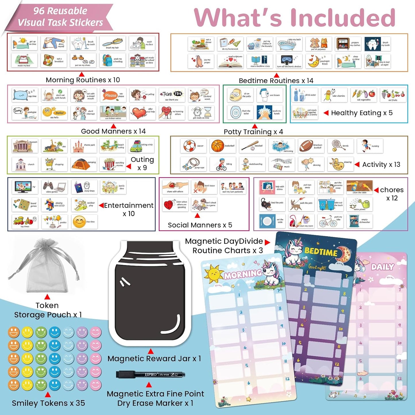 JJPRO Magnetic Bedtime/Morning/Daily Routine Chart for Kids with Reward Jar-Morning Routine Chart,Daily Checklist Reward Chart for Toddlers,Reward Jar for Kids,Cute Visual Schedule Board for Home