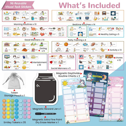 JJPRO Magnetic Bedtime/Morning/Daily Routine Chart for Kids with Reward Jar-Morning Routine Chart,Daily Checklist Reward Chart for Toddlers,Reward Jar for Kids,Cute Visual Schedule Board for Home