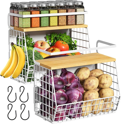 Magnetic Shelf for Fridge with Wood Lid, Fruit Potato and Onion Storage Bins, Pantry Organizers & Storage, Large Container Magnetic Spice Rack for Refrigerator, Kitchen Counter, Cabinet | Strong magnet holds 50lbs, ventilated bin for produce, versatile