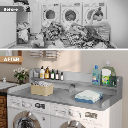 2-Tier Washer Dryer Countertop with 2.75" H Edge Rails, 54" W x 27.55" D Laundry Countertop for Folding Clothes, Washer and Dryer Topper with Non-Slip Pad (Dark Walnut)