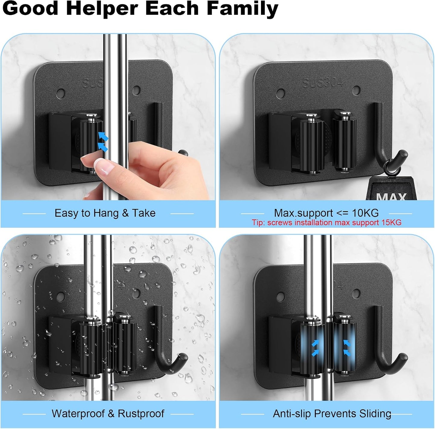 4 Pack Stainless Steel Mop and Broom Holder Wall Mount with Hook, Silver | Screw Drilling or Self Adhesive Storage Rack for Closet Laundry Garage Garden Tool Organizer