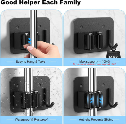 4 Pack Stainless Steel Mop and Broom Holder Wall Mount with Hook, Silver | Screw Drilling or Self Adhesive Storage Rack for Closet Laundry Garage Garden Tool Organizer