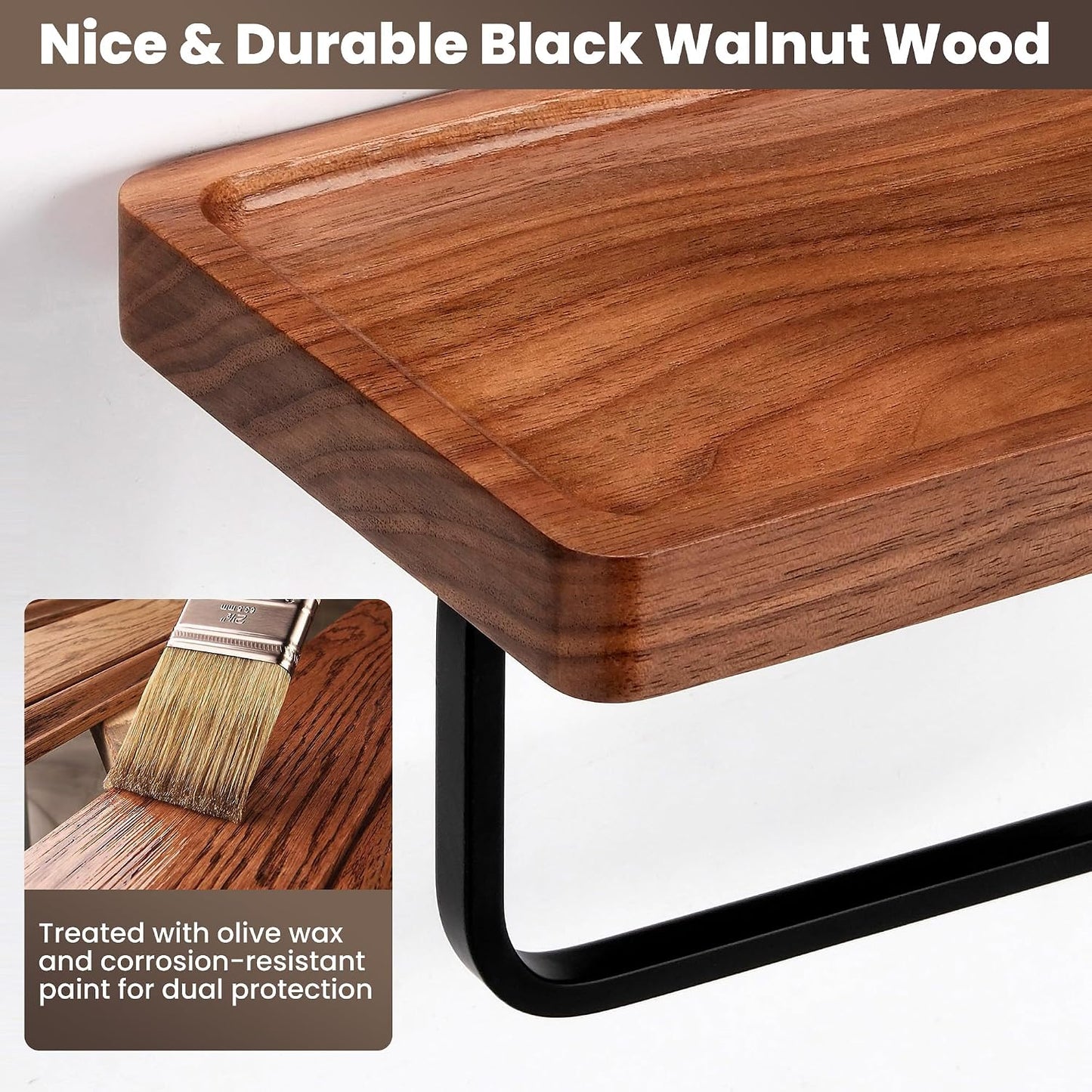 Toilet Paper Holder Walnut Wood Shelf - Wall Mount & Self-Adhesive | Bathroom Tissue Holder, Black Stainless Steel with Walnut Shelf for Phone - Home Apartment Restroom Decor Essentials