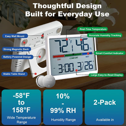 Digital Hygrometer Indoor Thermometer, Clock with Temp & Humidity, Temp Gauge with Comfort Indicator, Wall/Magnetic/Desk Alarm Clock for Bedroom, Baby Room, Office, Kitchen, Garage (Black)
