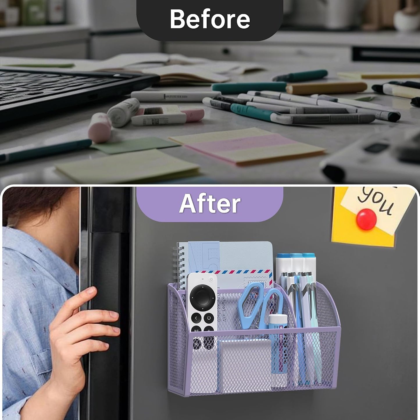 YINGHUA 3 Compartment Magnetic Metal Mesh Pen Holder, Black Desk Caddy | Perfect magnetic organizer for locker, whiteboard, refrigerator, or office. Easily holds pens and accessories