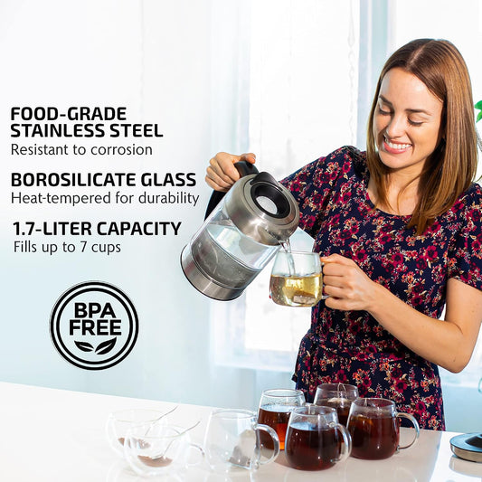 OVENTE 1.8L Glass Electric Kettle Water Boiler, Silver KG751S | 1500W Fast Boiling, Easy Fill Lid, Borosilicate Glass, BPA-Free, Blue LED, Auto Shut-Off, Boil-Dry Protection, Cordless