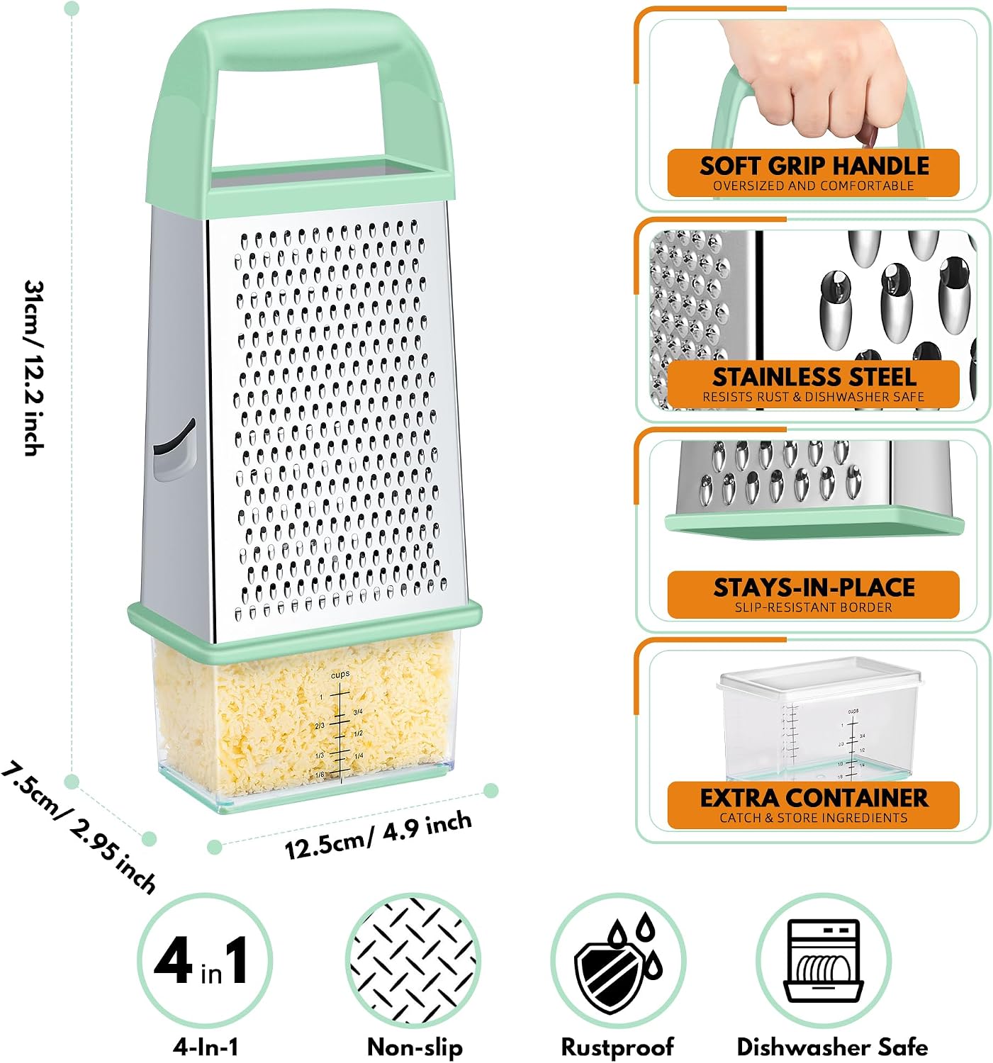 Urbanstrive Cheese Grater With Container Box Grater Stainless Steel Graters for Kitchen Cheese Shredder Parmesan Shredder Kitchen Gadgets Kitchen Tools Kitchen Gifts for Chef Dishwasher Safe Zester