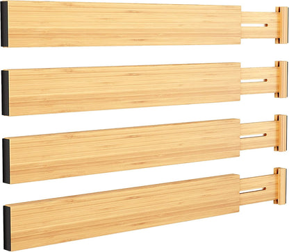 BAMEOS Bamboo Expandable Drawer Dividers – Fits 16.6"–22" Drawers, 2" High, Set of 4 | Spring-Loaded Bamboo Separator for Kitchen Island, Bathroom Vanity & Dresser Drawers