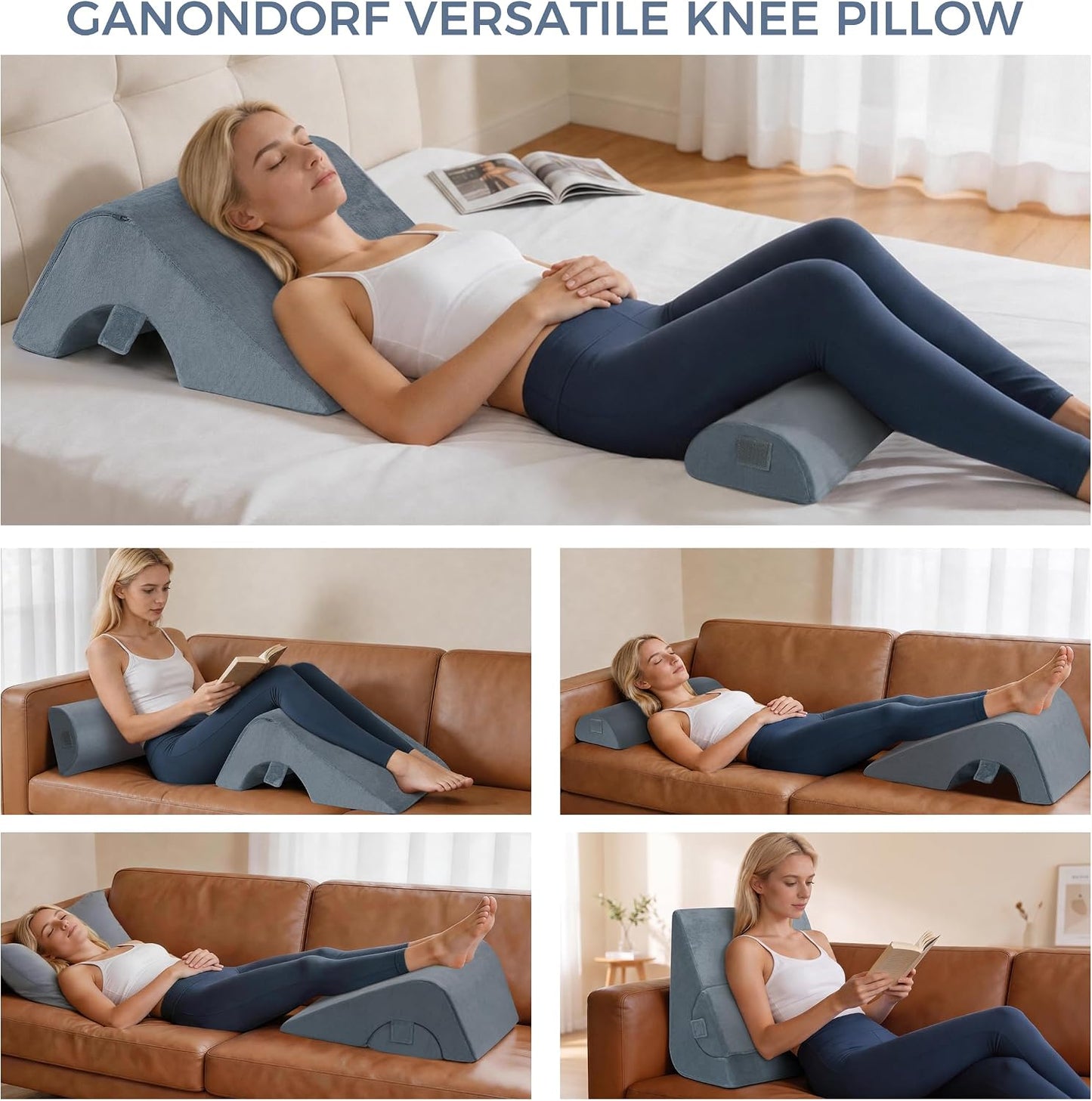 Ganondorf Knee Pillow for Back Sleeping, Premium Foam Wedge Pillow for Legs, Leg Elevation Pillow with Removable Washable Cover, Triangle Pillow for Knee, Hip & Back Support, Grey